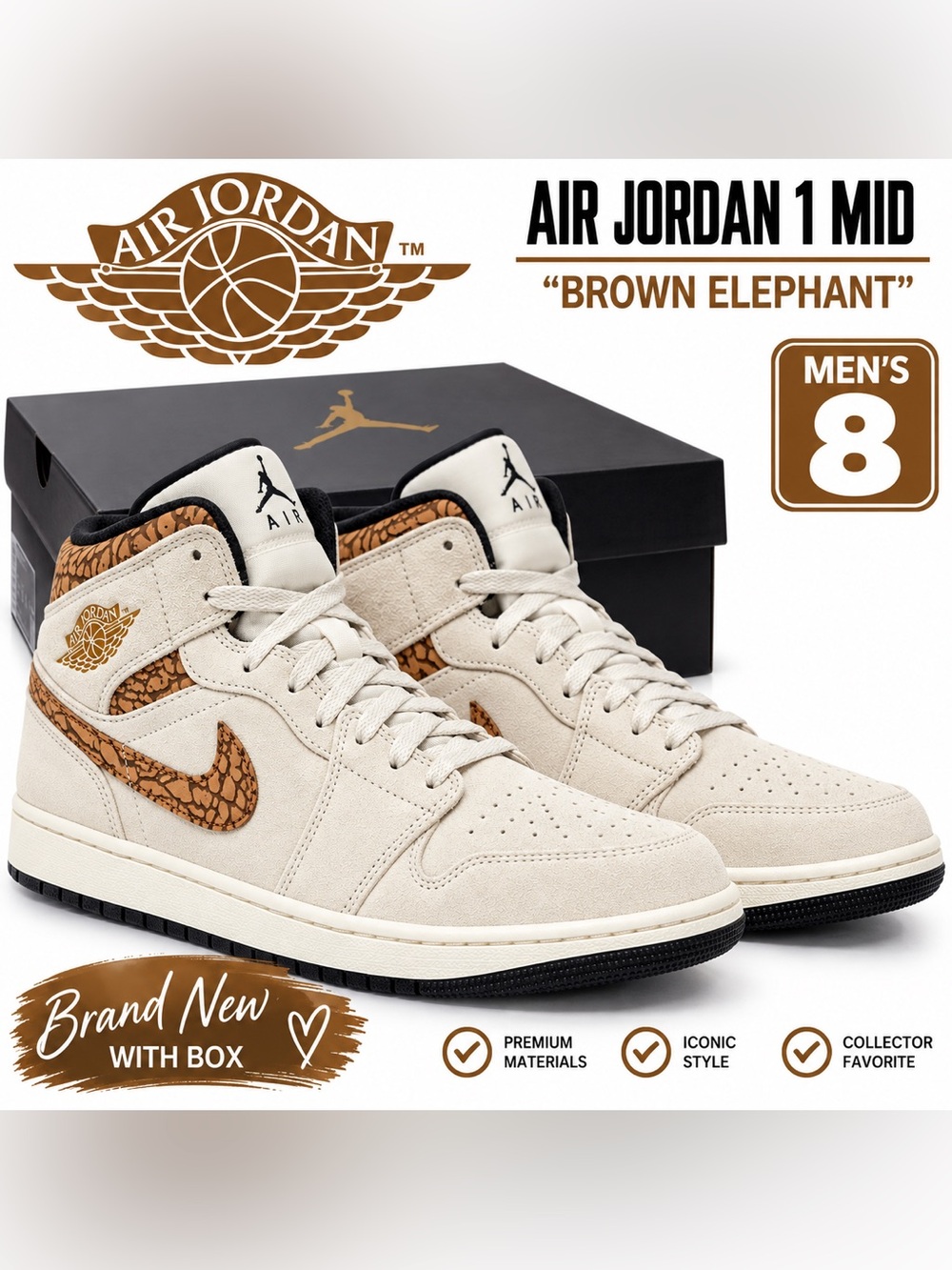 Nike Air Jordan 1 Mid SE Size 8 Shoes “Brown Elephant” Suedes DZ4129 102